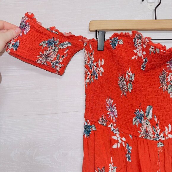 Xhilaration Orange Floral Print Short Sleeve Smocked Button Front Midi Dress - Picture 2 of 6